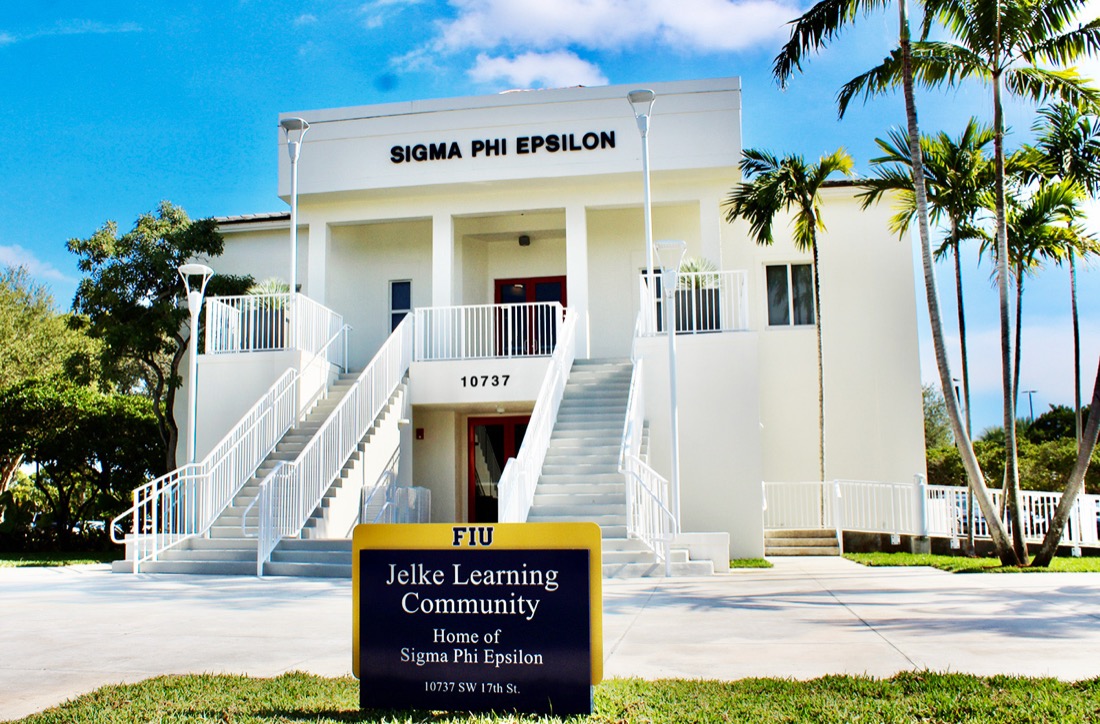 The Jelke Learning Community, home of Sigma Phi Epsilon, with its FIU sign out front