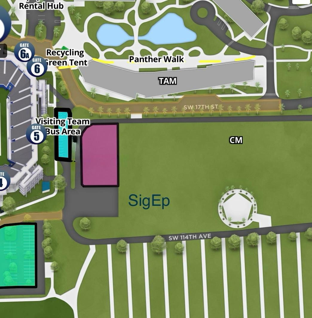 Map of the Cuban Memorial Lot east of Pitbull Stadium, between SW 17th St and SW 114th Ave, with the SigEp area marked
