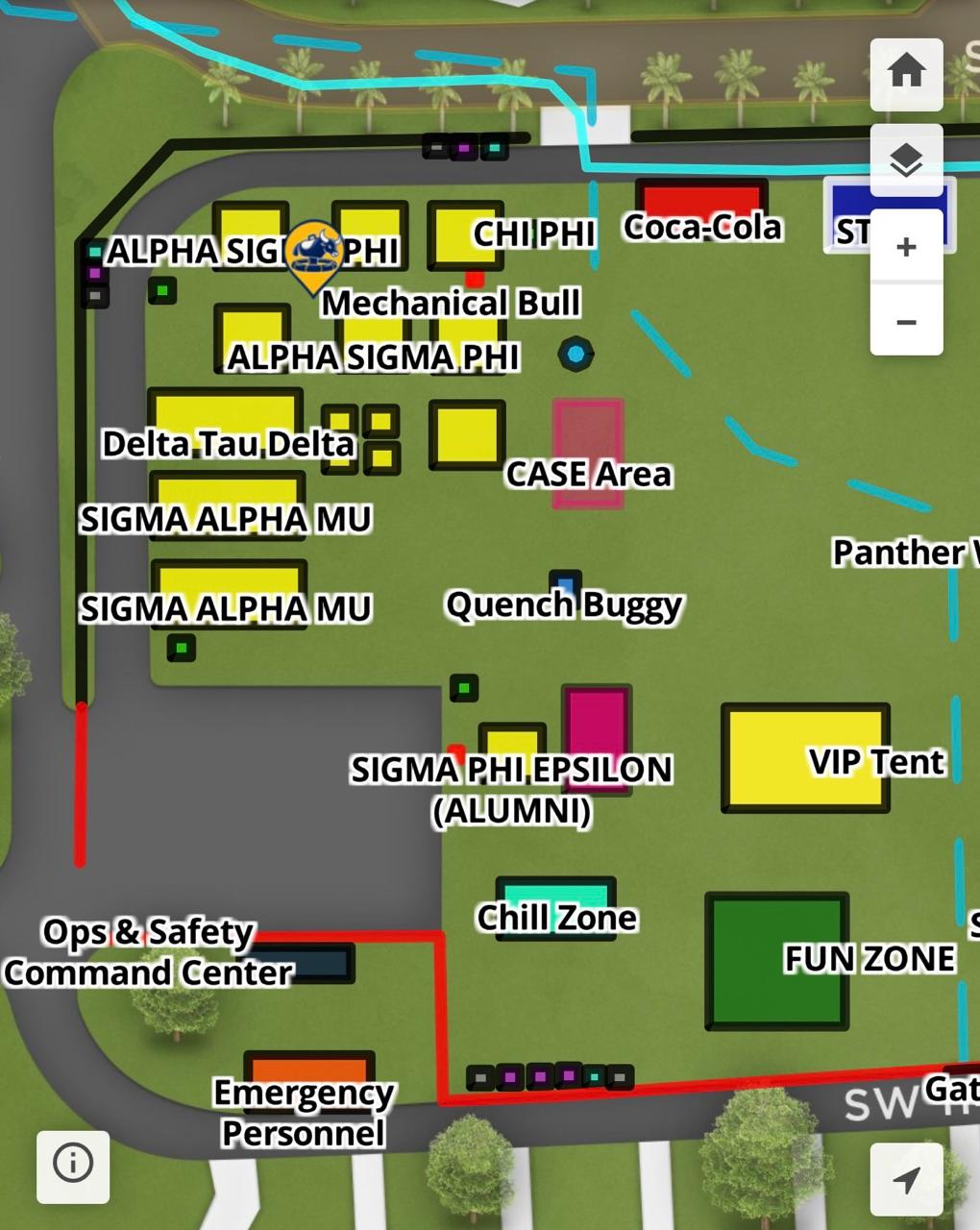 Close-up map of the lot with the Sigma Phi Epsilon alumni tent marked, next to the VIP tent and above the Chill Zone