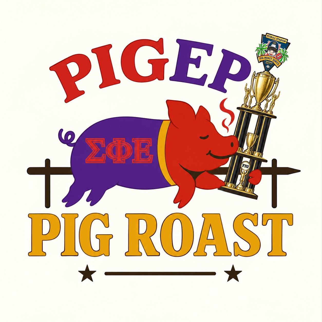 The PigEp team logo: a pig in a purple Sigma Phi Epsilon jersey on a spit, holding the Pig Roast Series trophy