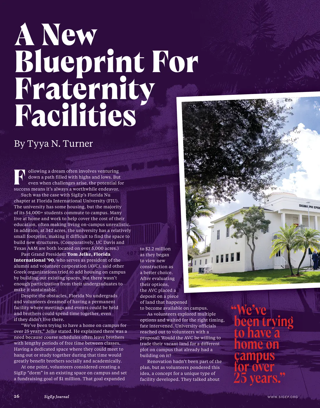 The opening page of the SigEp Journal article, headlined A New Blueprint For Fraternity Facilities, with a photograph of the facility